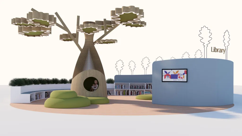 A modern children's library design featuring a large tree sculpture with leaves, cozy seating areas, and a circular bookshelf. There is a display screen showing an event and a sign that reads 'Library'.