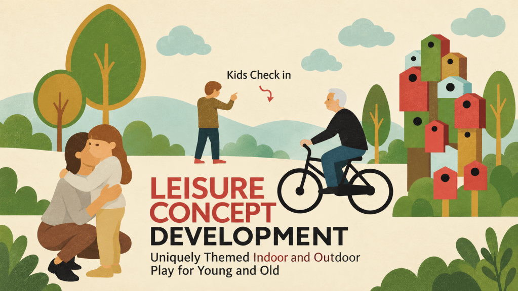 Illustration of a leisure development concept featuring children checking in, a man cycling, and two people hugging. The background includes colorful birdhouses and greenery, promoting play for all ages.