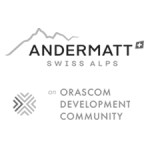Logo of Andermatt Swiss Alps and Orascom Development Community, featuring a mountain graphic.