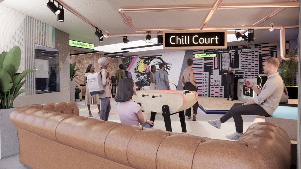 A modern lounge area titled 'Chill Court' featuring a foosball table, comfortable seating, and a vibrant mural, with people socializing and interacting in the space.